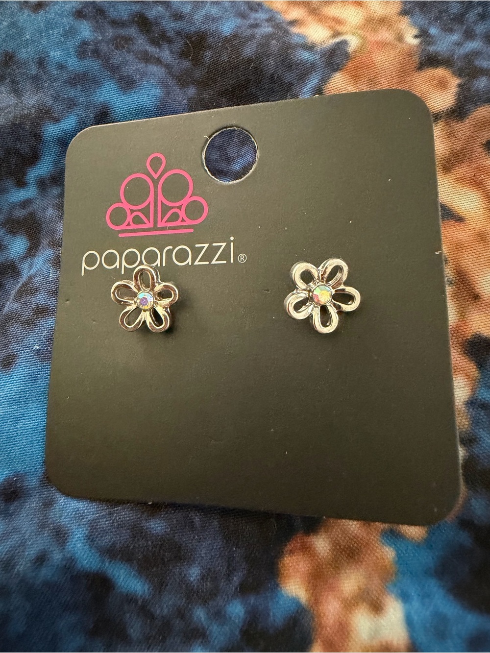 paparazzi Silver Floral Stud Earrings with Iridescent Center